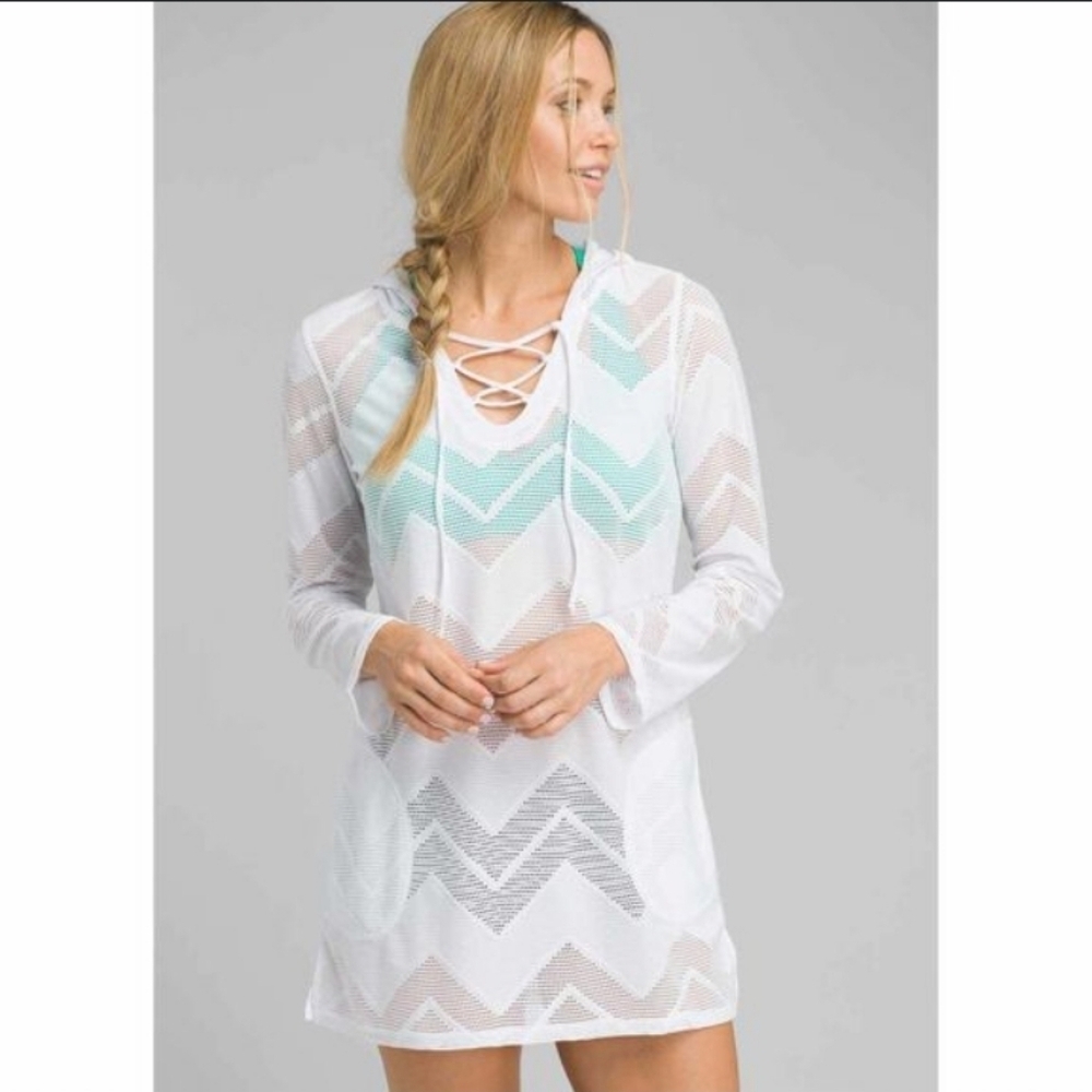 PrAna Alexia White Sheer Mesh Coastal Beachy Nautical Hoodie Cover Up